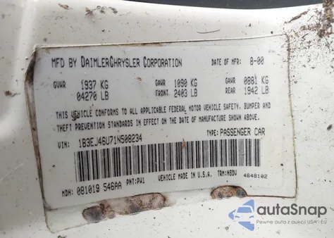 2001 Dodge Stratus Se z USA, uszkodzony, nr VIN 1B3EJ46U71N508234